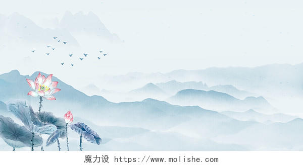 绿色荷花池塘中式意境中国风荷叶水墨山水画古风山水手绘